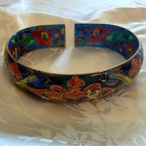 Vintage1930's Ornate Chinese Sterling Silver Dragon Enamel Bangle Bracelet Cuff